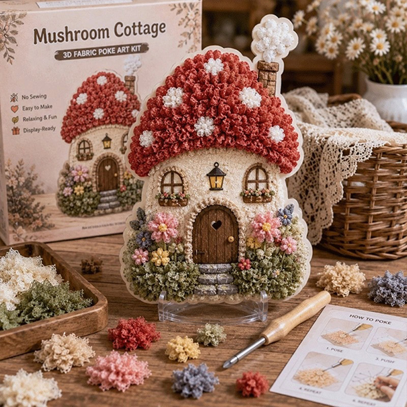 Art Craft Yarn - Scherpeurig Dorps-3D-Stoffen-Poke-Art-Kit Bloemige Paddenstoelenhuisje DIY Handgemaakt