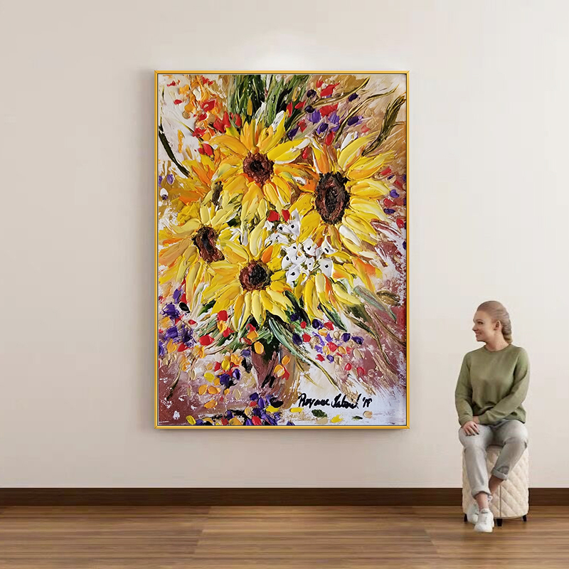 Painting Knife Palette - Levendig 3D Impasto Zonnebloem Olieverfschilderij, Handgeschilderd